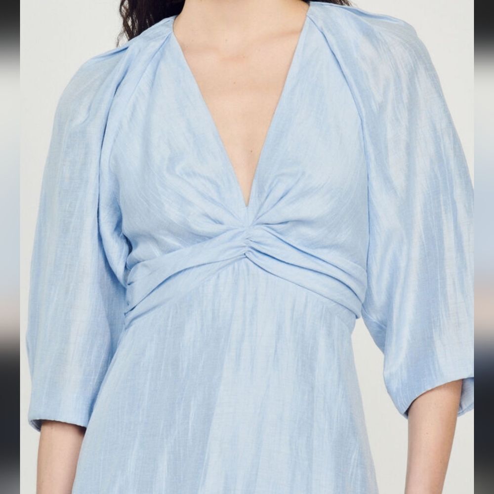 MSRP $400 Sandro Tourmaline Blue Linen Mini Dress Size XS / FR 34 - Picture 3 of 9